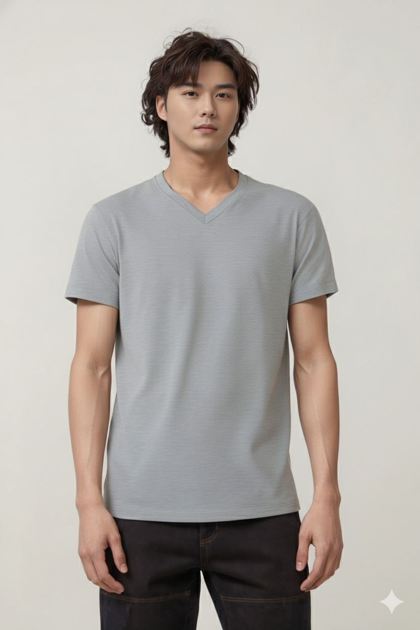 GREY MELANGE V NECK T-SHIRT